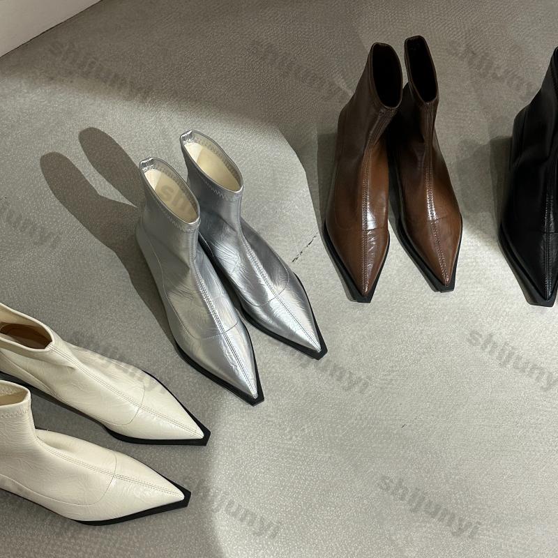 Fashion Women Pointed Ankle Boots Mid Heels Pointed Leather Sexy Chelsea Boots Trend Design Winter New Pumps Designer Short Botas Mujer