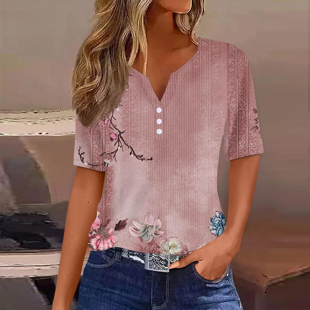 Women's T Shirt Print Button Short Sleeve Daily Weekend Fashion Basic V-Neck Regular Top