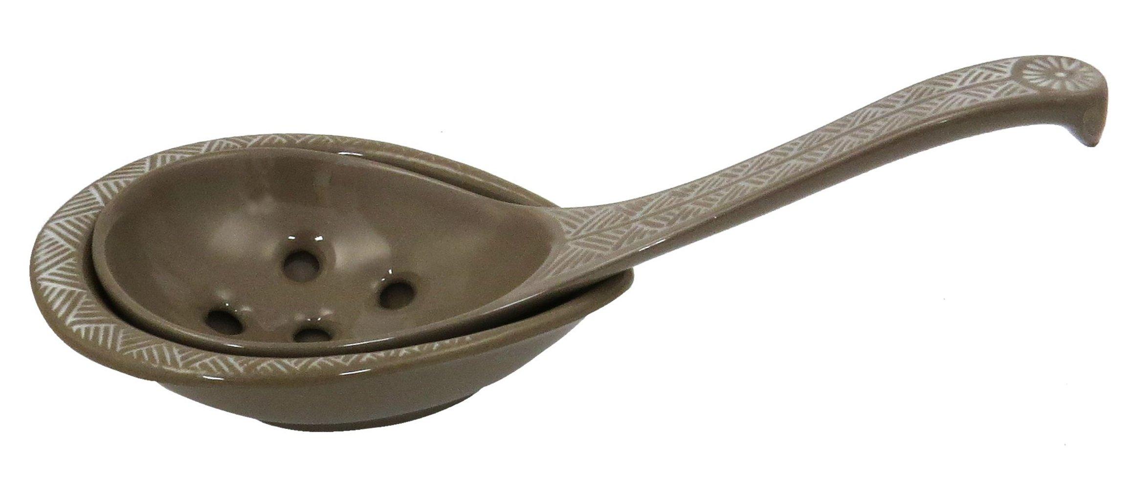 Банко-керамика Гинпо, большая перфорированная ложка-ракушка с подставкой, Хана Мисима 20231