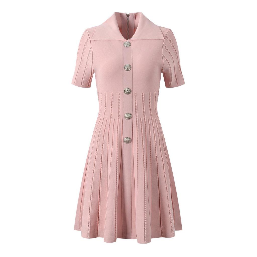 2026 European & American Coco-Inspired Knit Dress: Short Sleeve, A-Line Skirt, French Lapel