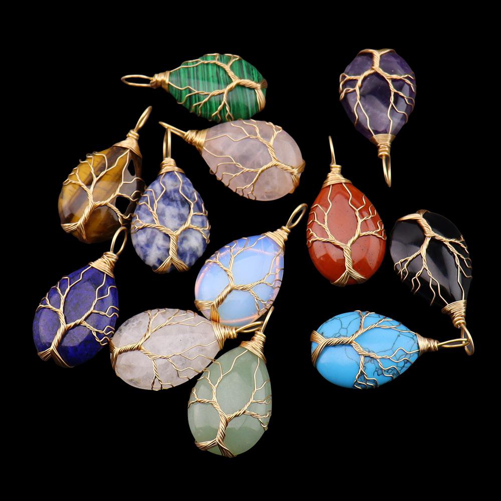 Natural Stone Agate Water Drop Tree of Life Pendant Necklace N781