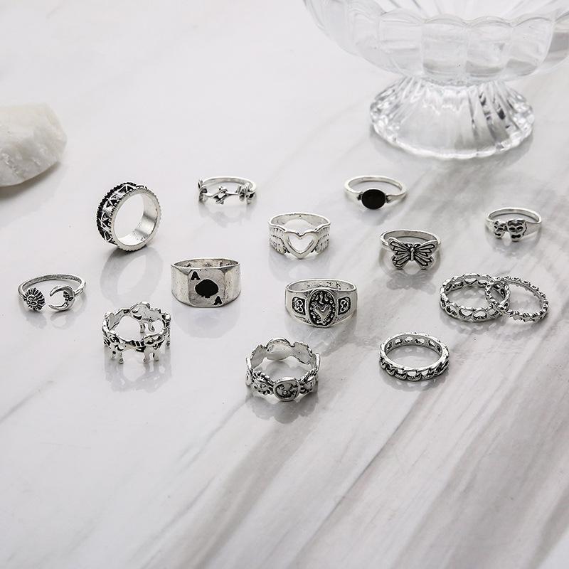 Retro Star Ring Dripping Oil Playing Card Butterfly 14-piece Joint Ring Set