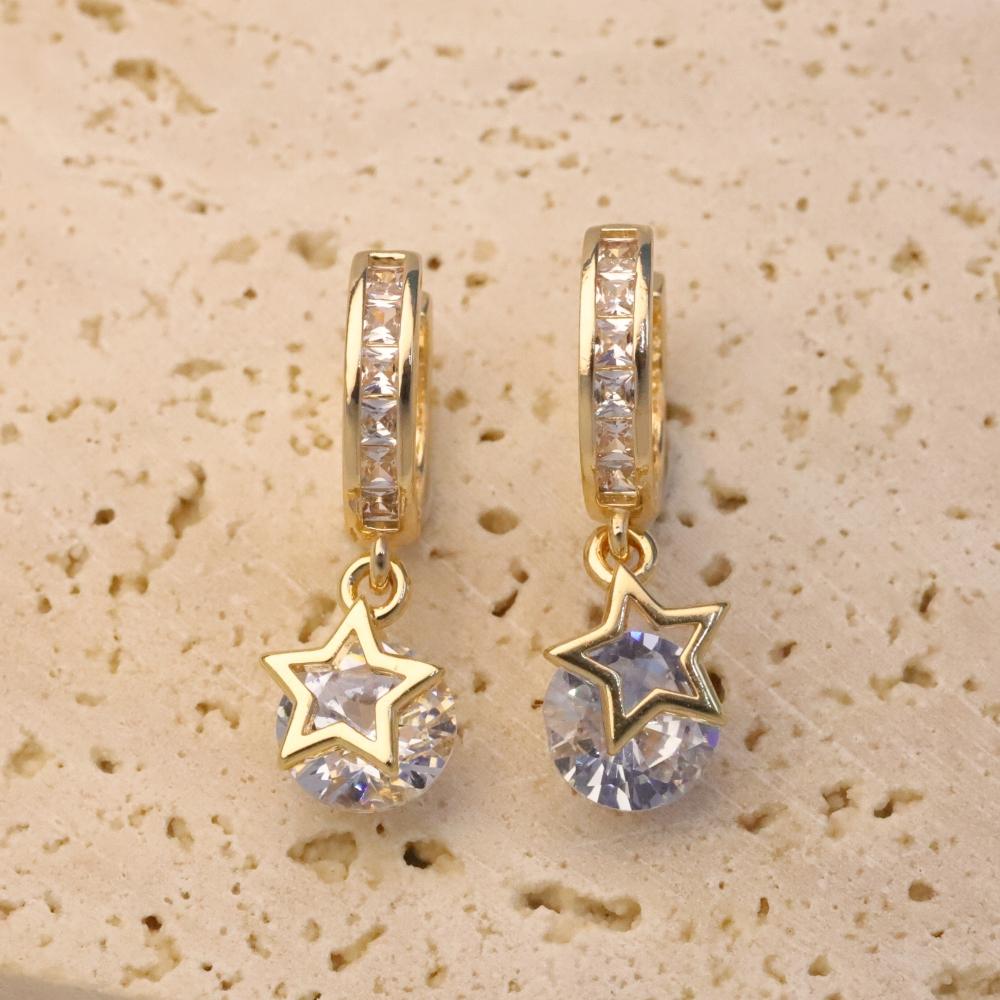 1 Pair Exquisite Synthetic Zirconia with Five-pointed Star Dangle Earrings for Women Golden Earring Jewelry Wedding Party Accessories