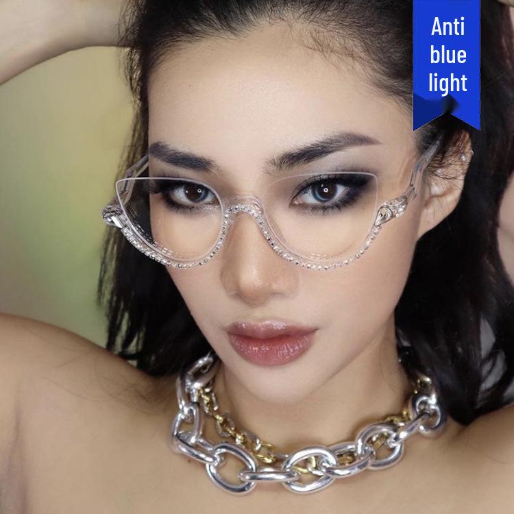 2022 Retro Rhinestone Semi-Rimless Anti-Blue Light Glasses - European & American Style Trend