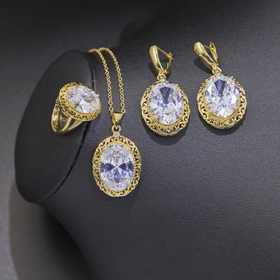 Conjunto de Joias de Zircônia Colar de Ouro Anel Conjunto de Três Peças Conjunto de Colar com Pedra Preciosa