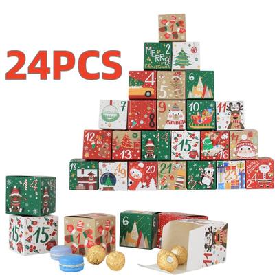 24 pièces/ensemble Boîte Calendrier de l'Avent de Noël Boîte à Bonbons en Papier Kraft Compte à Rebours 24 Jours jusqu'à Noël Boîtes Cadeaux Décorations Noël Nouvel An