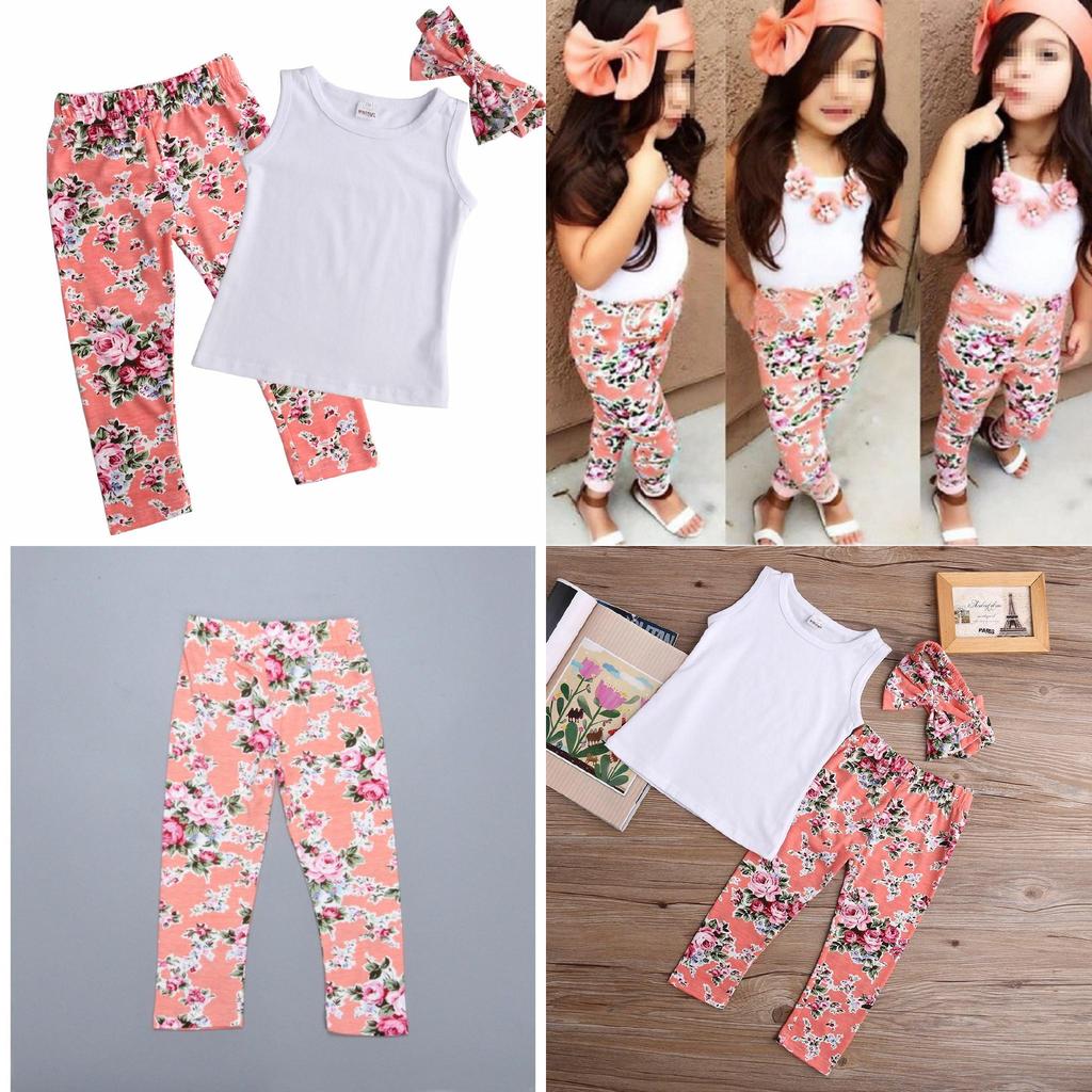 Adorable Toddler Girls Kids Floral Tops Pants Trousers Headband 3pcs Outfits Set Clothes