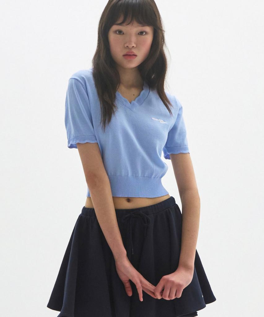 MOONSUN M.C Lace Neck Crop Knit / Sky Blue