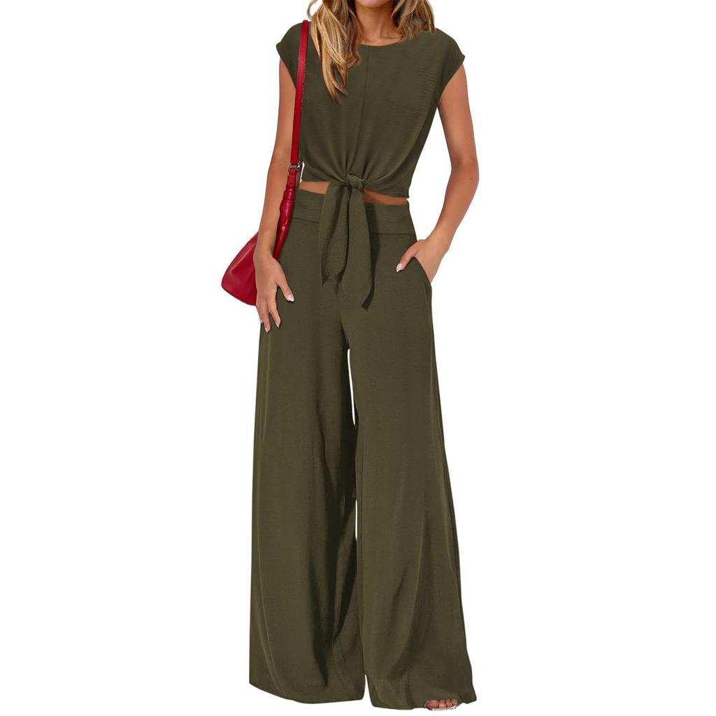 2026 Sleeveless V-neck Lace-up Women's Set: Cropped Wide-leg Pants for Spring/Summer Casual Fashion