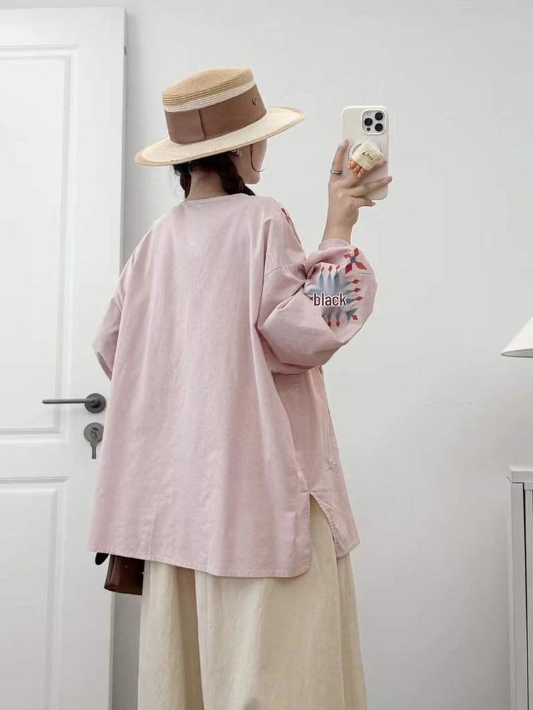 2025 Spring Retro Ethnic Embroidered Stand Collar Oversized Women's Cardigan Long Sleeve Shirt