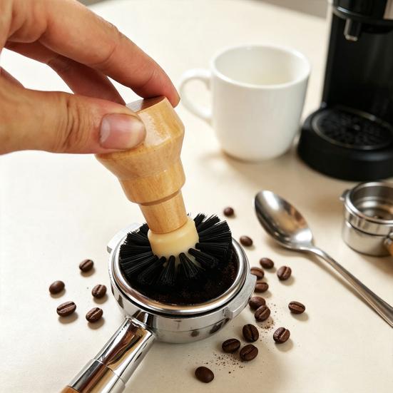 High-density Bristle Portafilter Brush Coffee Machine Basket Cleaning Brush, Soft with Hard Grinder Wood Handle Corner Espresso Tool Handheld