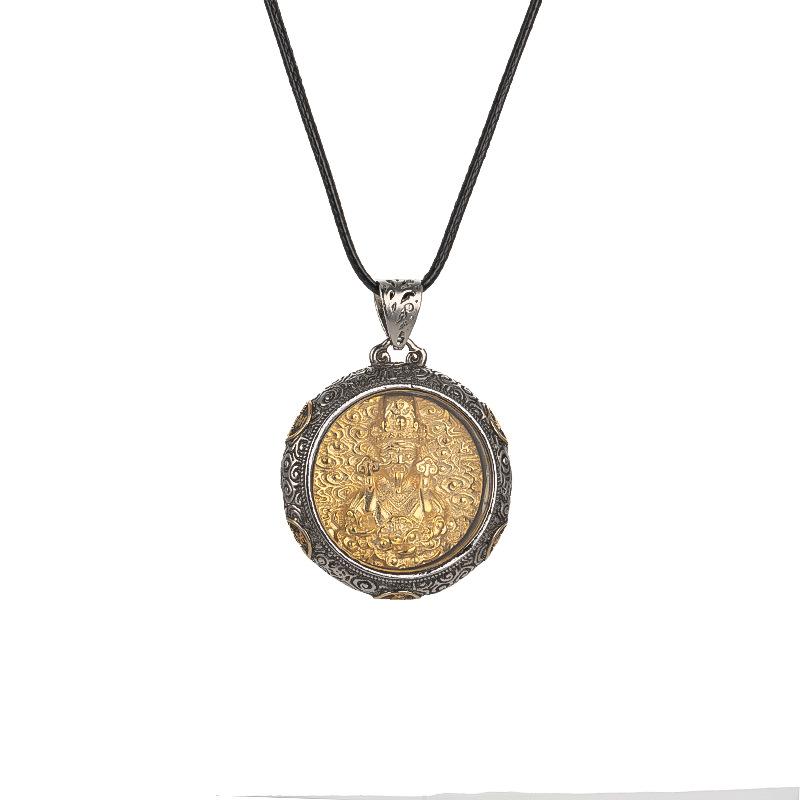 JMXD-Inlaid Copper Tibetan Zakiram God of Wealth Round Necklace, Retro Personalized Men's and Women's Safety Pendant