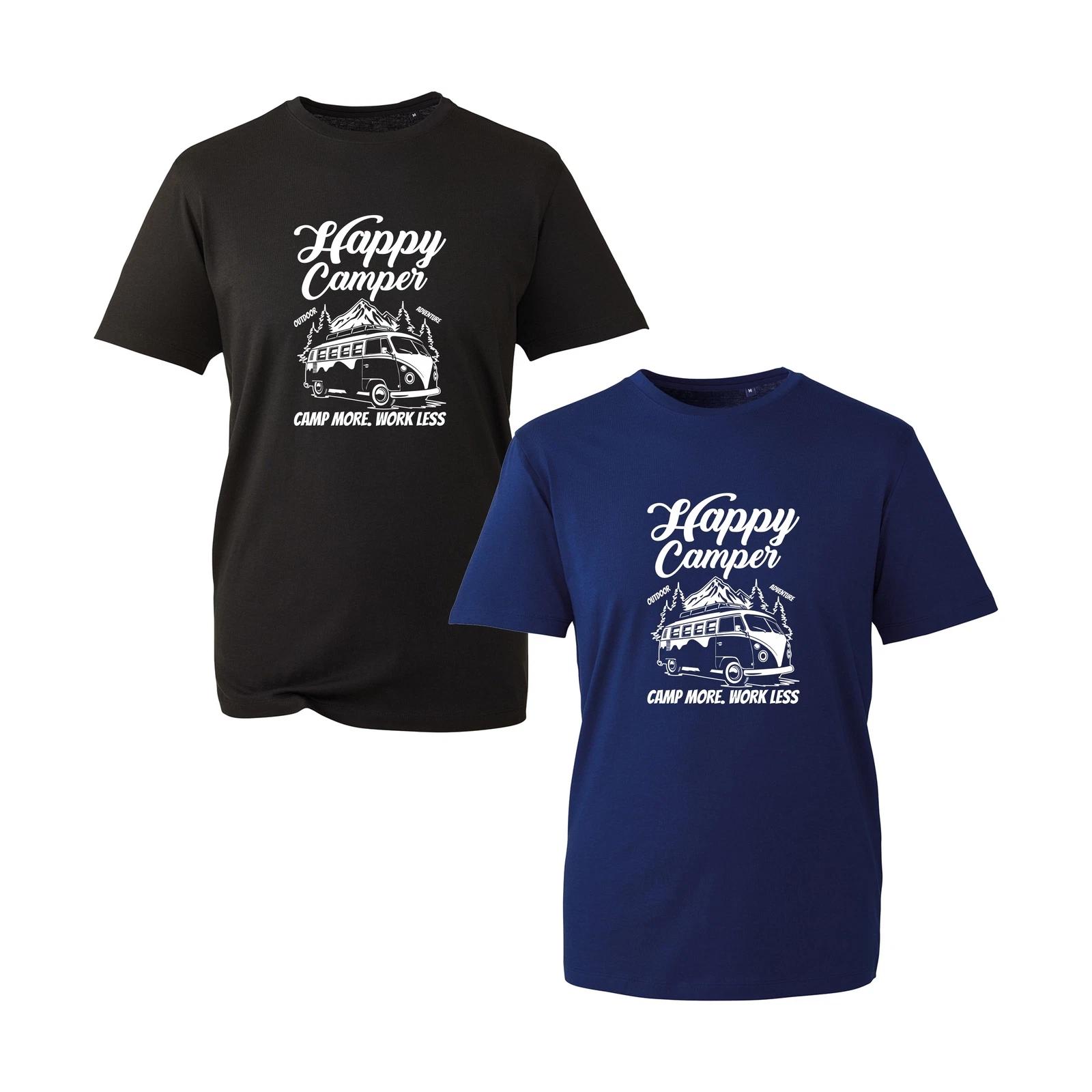 Camp More Work Less Happy Camper T-Shirt, Retro Funny Summer Holidays Outdoor L