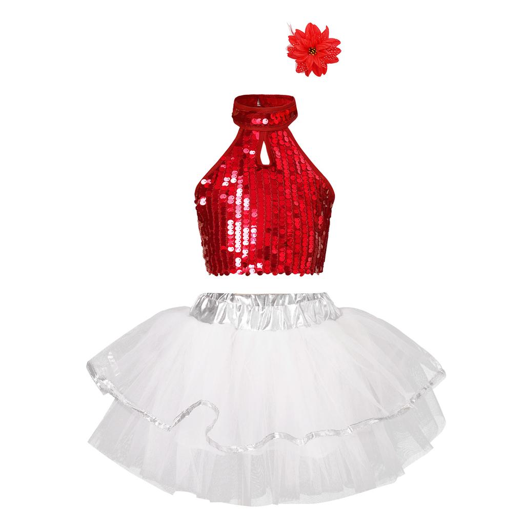 Girls Sequin Crop Top Halter Neck Tutu Skirt 3D Flower Clip Dance Costume Set Training Outfit