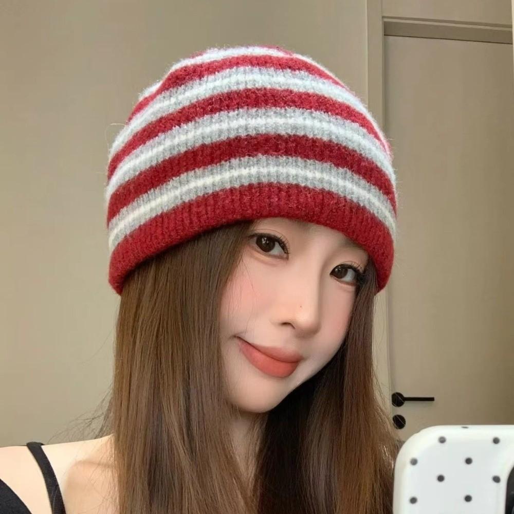 Wool Blend Ribbed Knitted Cap Thick Warm Pullover Hat Fashion Striped Beanie Hat Gift