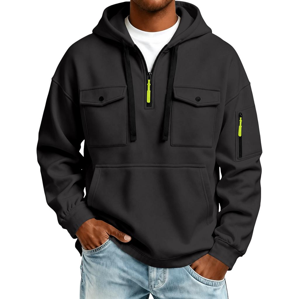 Herren-Farbiger Kapuzenpullover mit halbem Reißverschluss und Ärmeltasche