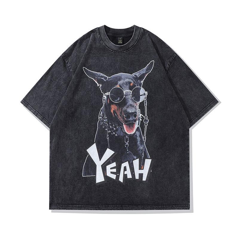 T-shirt a manica corta lavata effetto invecchiato con stampa Doberman, Direct Spray, High Street, Brand Trendy Retro Americano, Maglietta a mezza manica da uomo e da donna