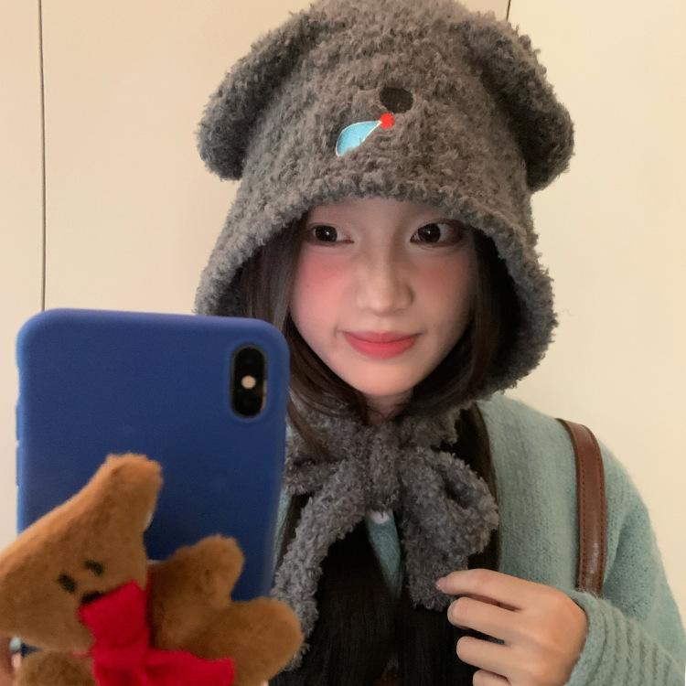 

Cute koala plush knitted wool hat children autumn and winter warm ear protectors pullover hat straps show small face thicker one size fits all серый