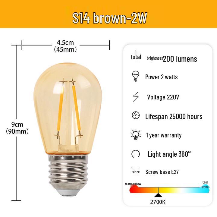 S14 Waterproof LED Edison Filament Bulb, 2700K Warm Light, E27, Energy-Saving ST45 Spare for String Lights