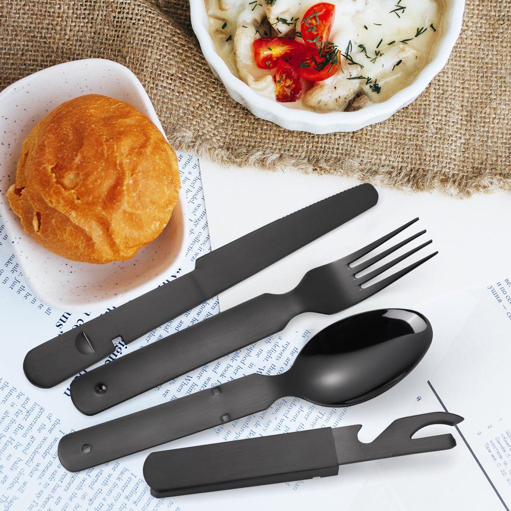 Stainless Steel Outdoor Tableware Set  Portable and Foldable Combination Western Food Knife Fork Spoon Multi-functional Bottle Opener for Travel