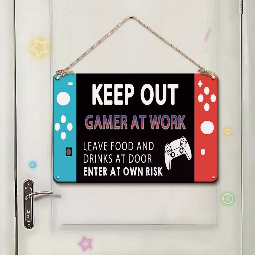 Funny Gaming Sign Keep Out Gamer at Work Metal Tin Signs Vintage for Gaming Room Bedroom Teen Boy Room Decor Accessories 20x30cm(7.8x11.8inch)