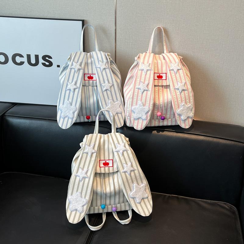 Rabbit Ears Backpack Bag Little Star Striped Backpack Large Capacity Commuter Versatile Girl Heart Student Class School Bag