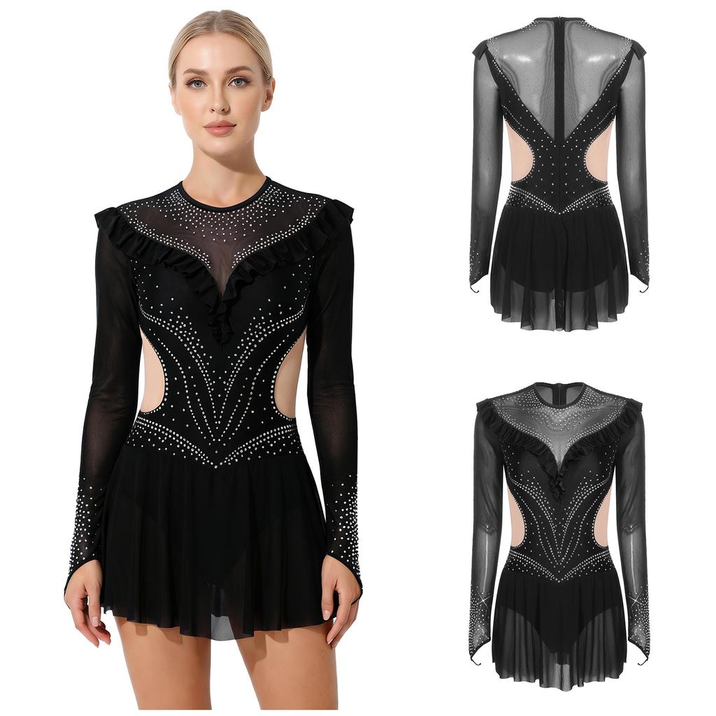 Dámský síťovaný trikot s kamínky Dlouhý rukáv Volánkové lemy Síťovaná sukně Body Šaty Jumpsuit pro krasobruslení