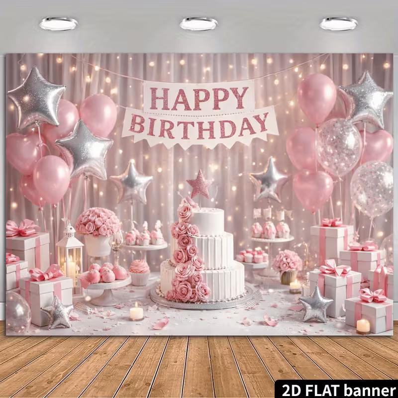 2D Pink Balloon & Cake Happy Birthday Backdrop Banner Photo Booth Background