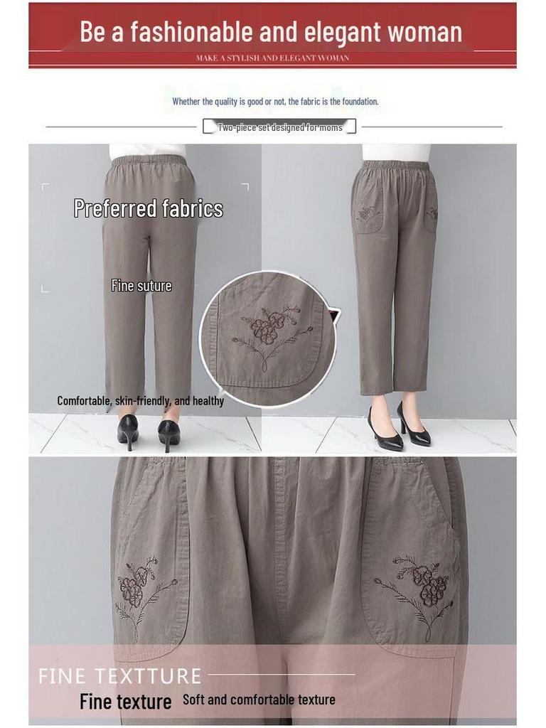 Mom's Cotton Embroidered Nine-Point Pants for Seniors, Casual Straight-Leg Pants for Spring & Autumn
