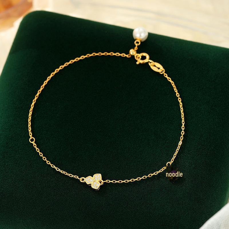 

Браслет из серебра 925 пробы с клевером и розовым жемчугом: Сладкий талисман на удачу для женщин в корейском стиле BRS364 золотой