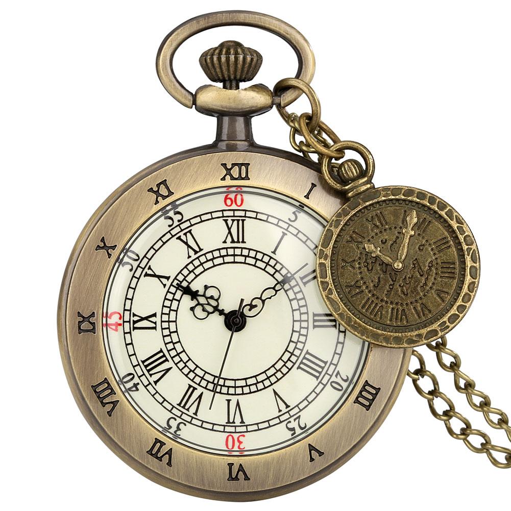

Open Face Quartz Pocket Watch Roman Numbers Analog Display Pendant Bronze Retro Clock Necklace Chain reloj with Clock Accessory