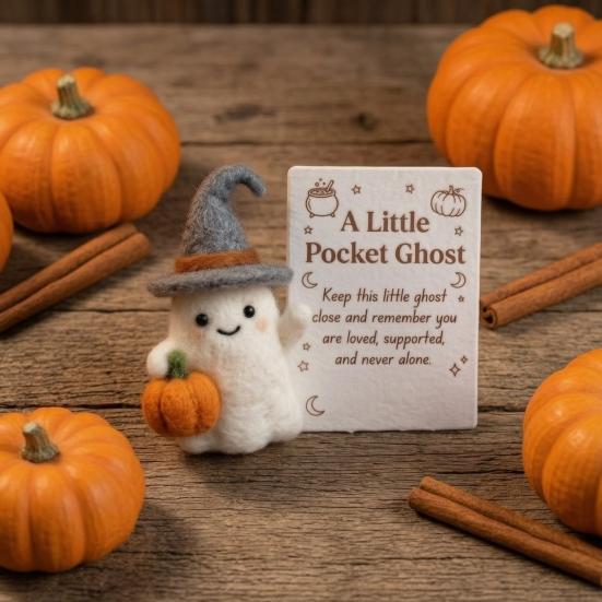 Needle Felted Figurine Little Pocket Ghost, Halloween Handmade Wool Ghost with Pumpkin, Mini Small Prop Plush Doll Inspirational Card, Emotional
