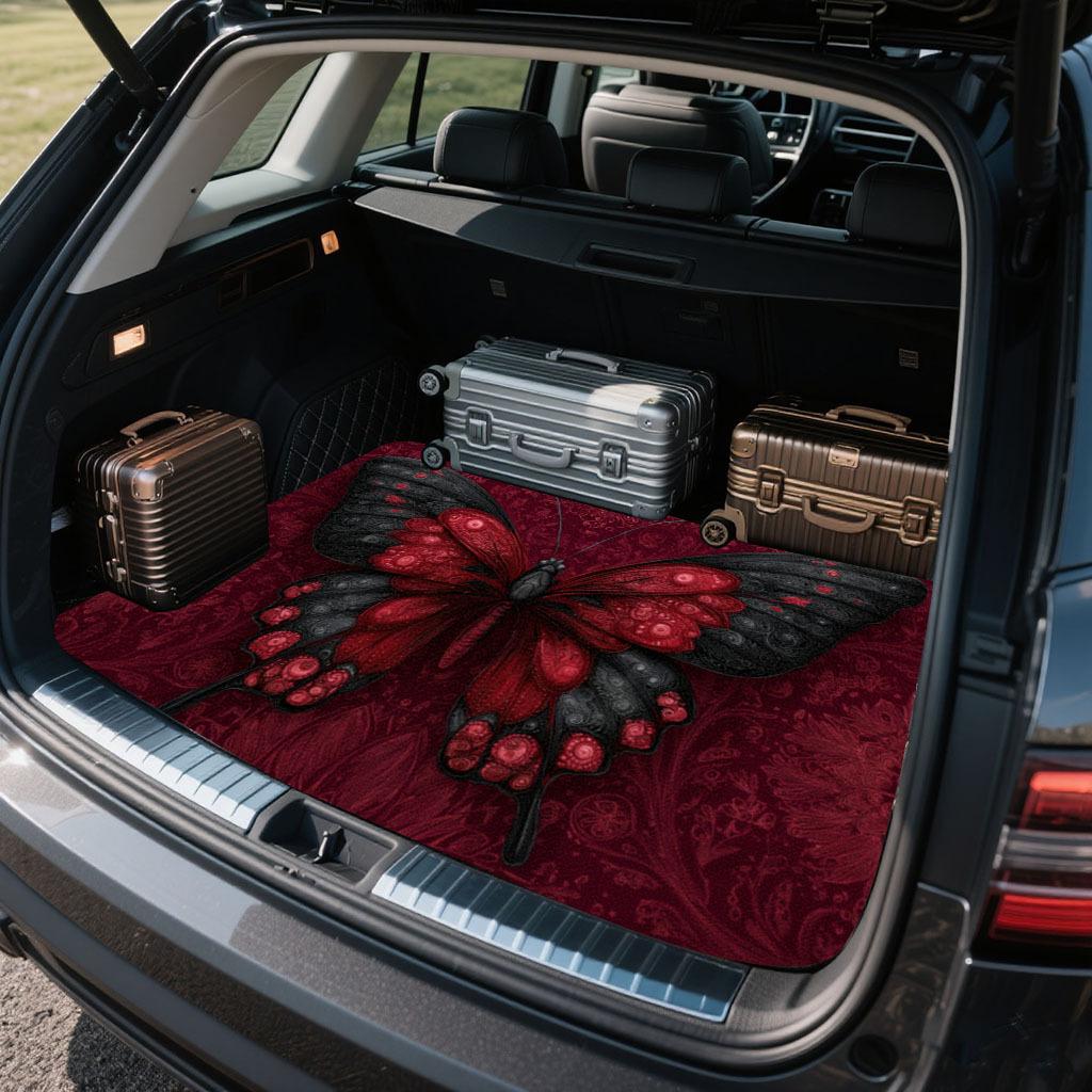 1Pcs Dark Red Butterfly Print Car Trunk Mat with Anti Slip Cargo Liner Waterproof Rear Storage Protector Floor Mat for SUV Sedan