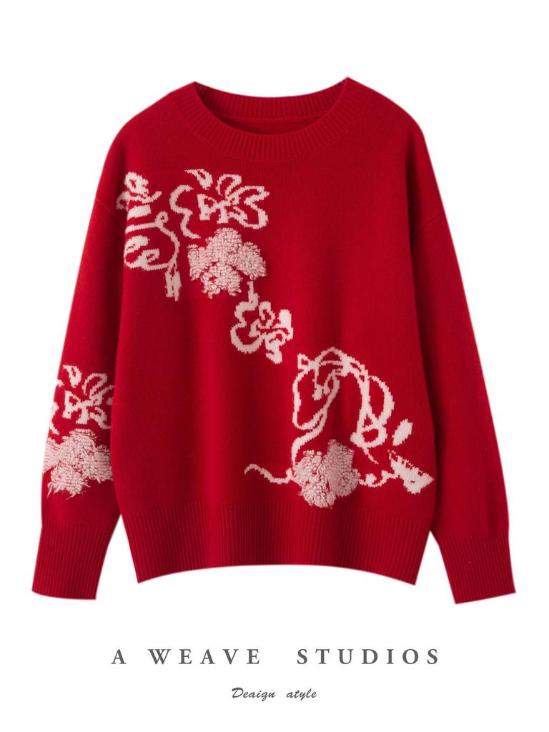 Women's Zodiac Year Red 100% Pure Wool Jacquard Sweater - Cozy, Soft, and Loose Fit