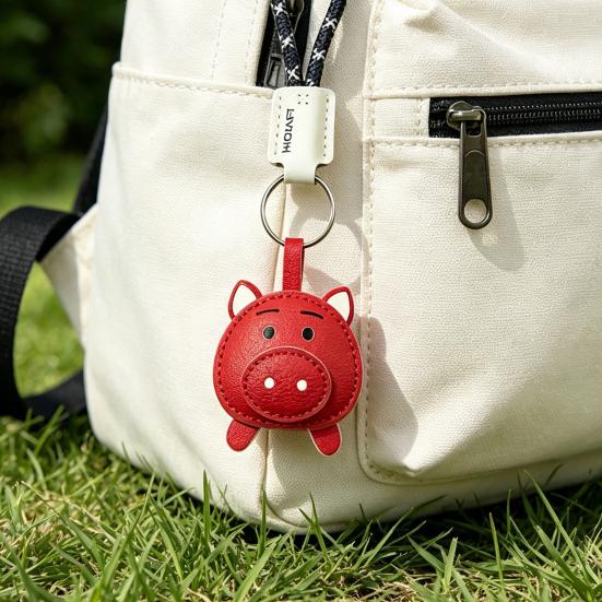 Keychain Pendant Imitation Leather 3D Piggy Shape Key Pendant with Metal Ring Anti-Slip Lanyard Bag Charm Accessory