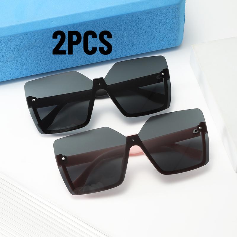 2Pcs New Square Rimless Cut Edge Sunglasses Women Men Punk One Piece Sun Glasses Ladies Round Face Uv400 Trends Outdoor Eyewear
