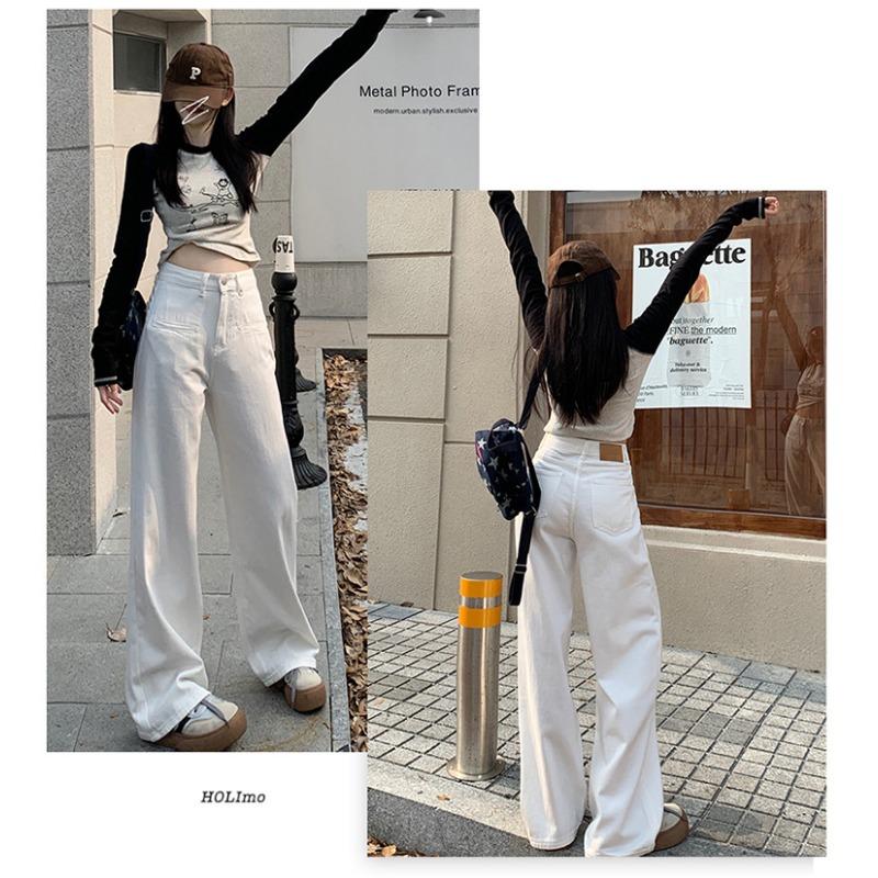 Pantaloni di Jeans Casual da Donna Bianchi a Vita Alta Larghi Gamba Dritta