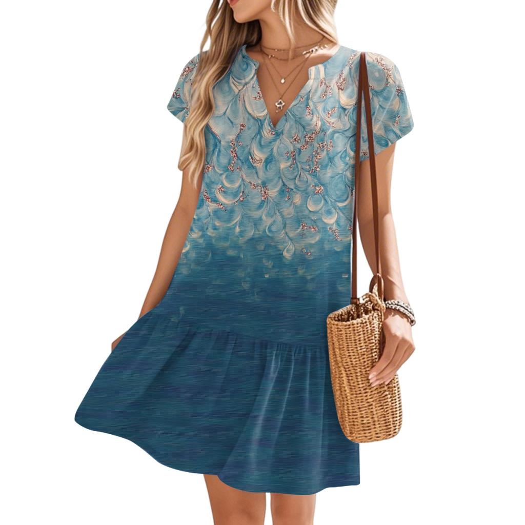 Damenkleider Kurzarm V-Ausschnitt Blumendruck Locker Lässig Temperament Strandkleider