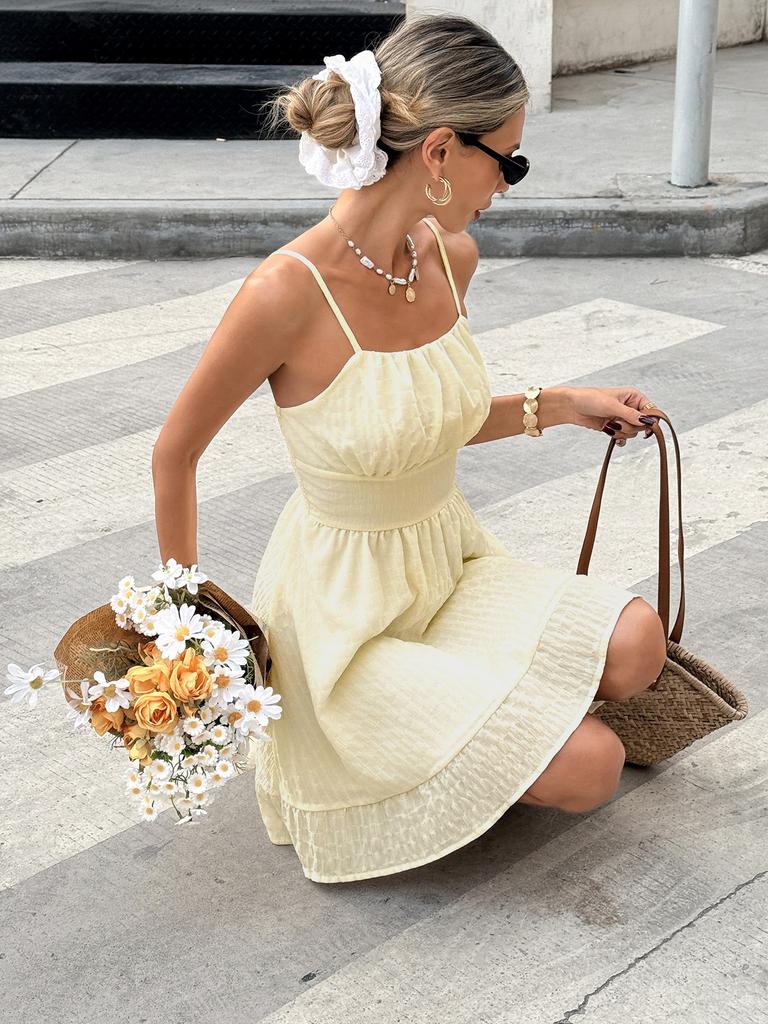 Solid Color Sweet Smocked Spaghetti Strap Tiered Mini Dress