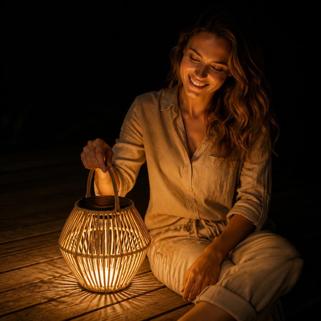 Solarbetriebene Außenlaterne Handgeflochtenes Rattan Tragbares Campinglicht Gartendekorationslampe für Terrasse Hof Landschaftsbeleuchtung