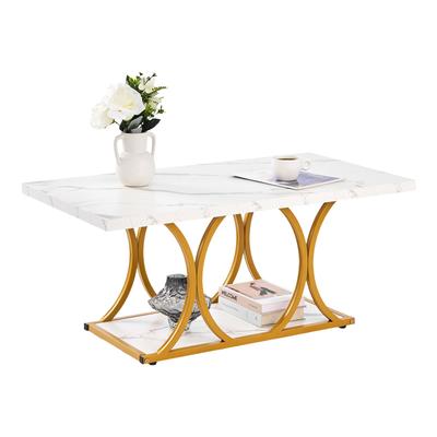 Coffee Table, Modern Faux Marble Coffee Table, 2-Tier Rectangle Center Desk with Geometric Legs