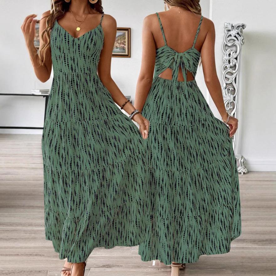 Women Summer Bandage Backless Holiday Beach Irregular Striped Printed One Piece Dress