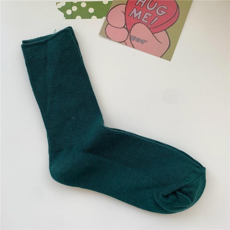 Bomull Ensfarvede Sokker for Kvinner, Høst Tynne Tynne Stripete Frotte-sokker for Kvinner, Midt-legg Sokker