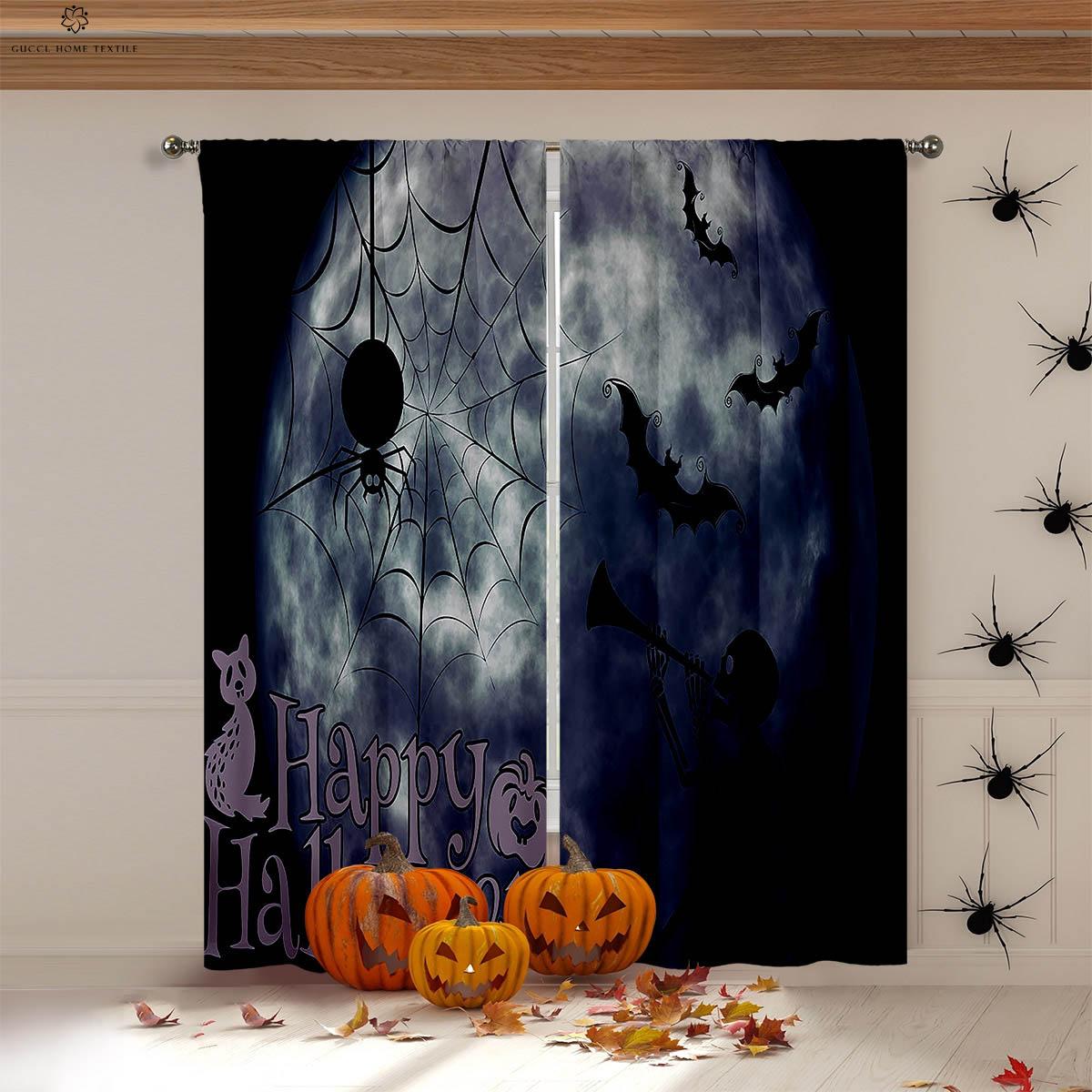 

Шторы с принтом на Хэллоуин, шторы ужасов, тыква, луна, летучая мышь, подходит для ресторана, спальни, украшения для праздничной вечеринки W85xH200(CM)x2PCS&Rod pocket