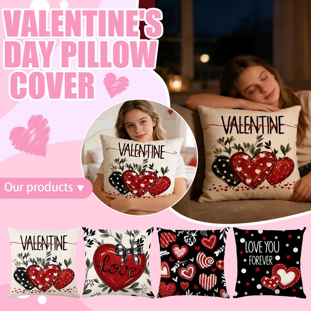 Valentinstag Dekor Kissenbezüge 4er-Pack, Kissenbezüge mit Liebesherz-Aufdruck für Sofa/Bett, Rote Schwarze Kissenbezüge für Heimdekoration