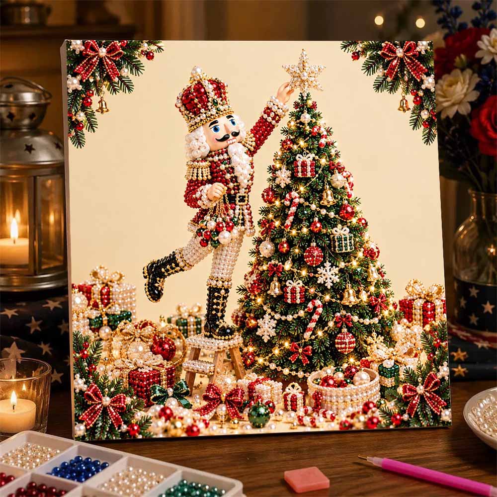 5D Pearl Painting Kit Framed with Nutcracker Decorating Christmas Tree Sparkling Bead Art Canvas DIY Relaxing Craft for Wall Decor Gift