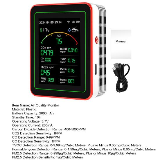 15-in-1 Air Quality Monitor Large Screen Indoor CO/CO2/HCHO/TVOC/AQI/PM0.3/PM1.0/PM2.5/PM10/Thermometer Humidity Monitor