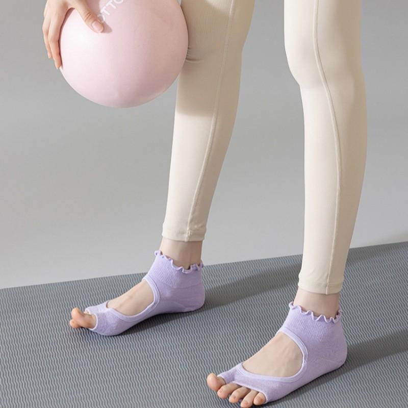 Ladies' Summer Breathable Backless Toe Exposed Cotton Yoga Socks with Anti Slip Silicone Polka Dot Breathable Dance Pilates Yoga Socks
