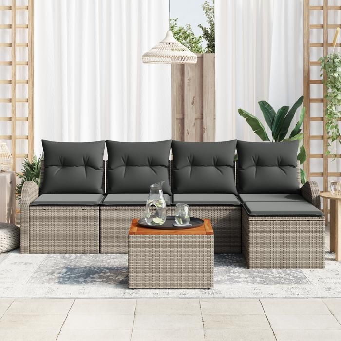 Ensemble de canapé de jardin 6 pièces avec coussins Gris Poly Rotin Acacia, Canapé de jardin 2 places avec rangement 3356235