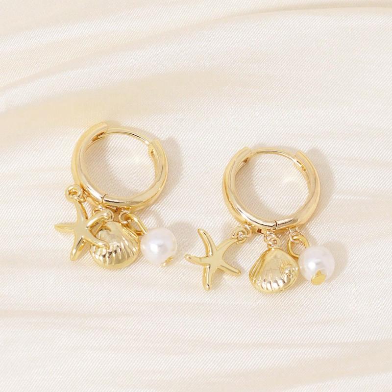

1 пара элегантных минималистичных серег-подвесок в виде морской звезды, ракушки и искусственного жемчуга, подходящих для женщин для ношения летом на пляжном отдыхе и на вечеринке one-size золотой